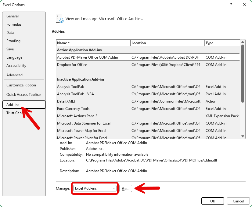 Excel Options Add-ins tab with Manage dropdown and Go button