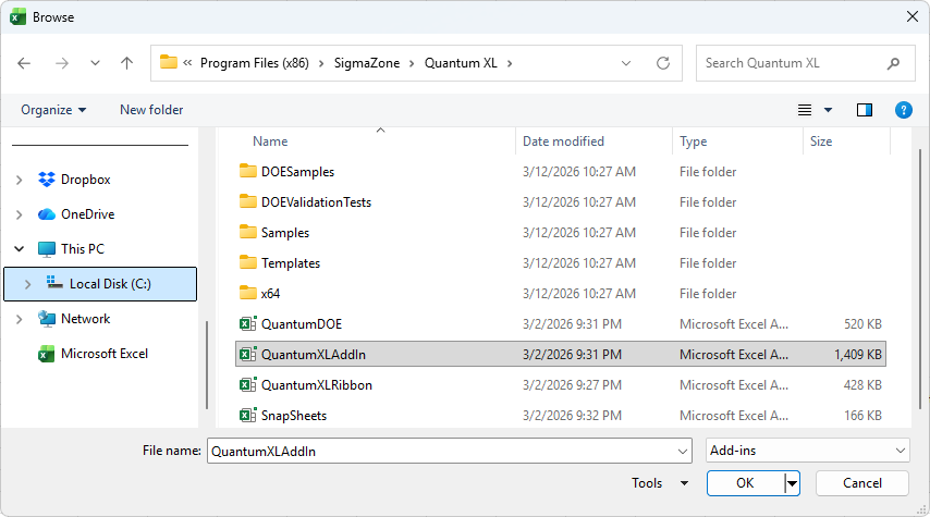File browser showing QuantumXLAddIn selected