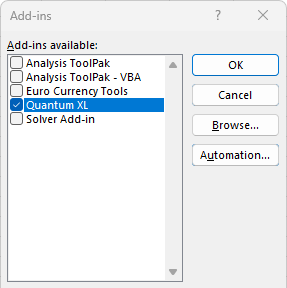 Add-ins dialog with Quantum XL checked
