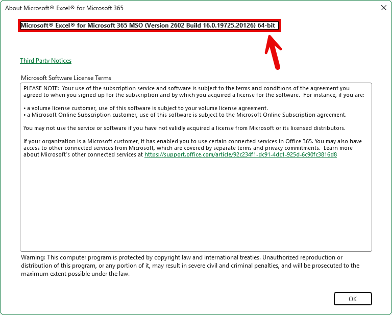 About Excel dialog showing 64-bit at the top
