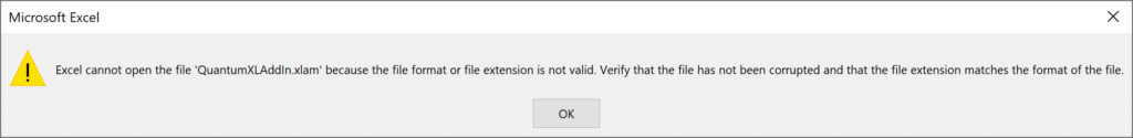 Excel error dialog: file format or file extension is not valid