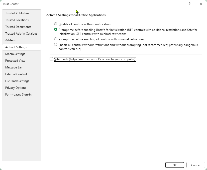 Trust Center ActiveX Settings with Safe Mode unchecked